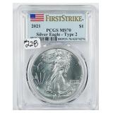 2021  Ty 2  $1 Silver Eagle  PCGS MS-70 1st strike