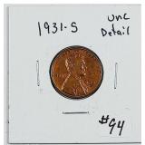 1931-S  Lincoln Cent   Unc detail