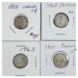 1953, 1963, 1963 & 1964 Canada 10 cents 80% silver