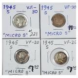 4  1945-S  "Micro S"  Mercury Dimes  VF
