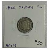 1866  Three Cent Nickel   F