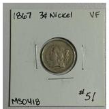 1867  Three Cent Nickel   VF