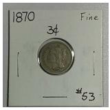 1870  Three Cent Nickel   F
