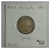 1883  No Cents  Liberty "V" Nickel   AU
