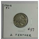 1921-S  2 Feather  Buffalo Nickel   F+