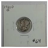 1921-D  Mercury Dime   G