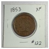 1853  Braided Hair Large Cent   XF