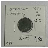 1940-A  German  1 Pfenning  Zinc   XF-details