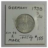 1938-D  German  2 Mark   AU  .625 silver