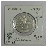 1937-D  German 2 Mark   XF-45   .625 silver