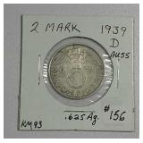 1939-D  German  2 Mark   AU-55  .625 silver