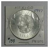 1947  Mexico  5 Pesos  BU   .8680 asw.