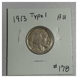 1913  Type I  Buffalo Nickel   AU