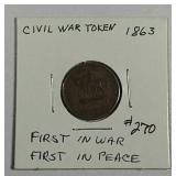 1863  Civil War Token  First in War First in Peace