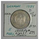 1934-D  German  5 Mark  VF-30   .4016 asw.
