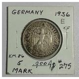 1937-E  German  5 Mark   XF-45   .4016 asw.