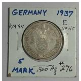 1936-E   German  5 Mark   XF  .4016 asw.