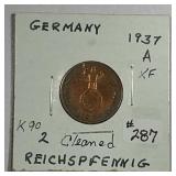 1937-A  German  2 Reichspfenning   XF  cleaned