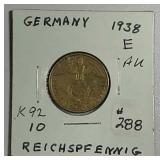 1938-E  German  10 Reichspfenning   AU