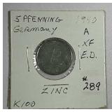 1940-A  German  5 Pfenning   XF-details  Zinc