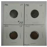 1900, 1901, 1902 & 1903  Indian Head Cents  VF