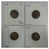 1901, 1902, 1903 & 1904  Indian Head Cents  XF