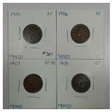 1905, 1906, 1907 & 1908  Indian Head Cents  XF