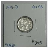 1941-D  Mercury Dime   AU-58