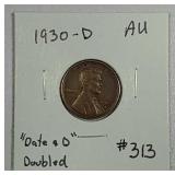 1930-D  Lincoln Cent   AU   Date & D doubled