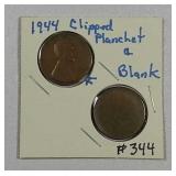Lincoln Cent errors  "1944 Clipped & Blank