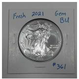 2021  $1 Silver Eagle    Fresh Gem BU