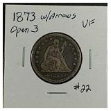 1873 w/arrows  Liberty Seated Quarter  VF