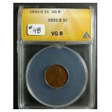 1931-S  Lincoln Cent  ANACS  VG-8