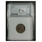 1913  Type I  Buffalo Nickel  Slabbed