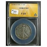 1938-D  Walking Liberty Half Dollar  ANACS F-15