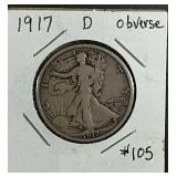 1917-D Obverse Walking Liberty Half Dollar  VF