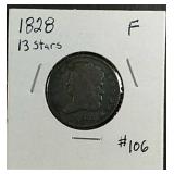 1828  Classic Head 13 Stars Half Cent  F