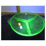 GREEN URANIUM GLASS DIVIDED DISH -- GLOWS UNDER UV