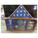 NAVY RETIREMENT SHADOW BOX W/ METALS, FLAGS ETC