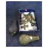 ANTIQUE POWDER FLASKS, SPOUTS, PARTS, ETC