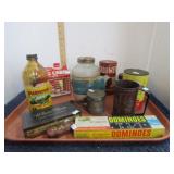 TRAY LOT -- VINTAGE ADVT TINS & BOTTLES, ETC