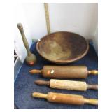 ANTIQUE MIXING BOWL (has cracks), ROLLING PINS &