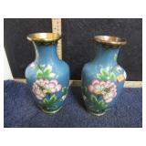 PAIR-- ENAMELED BRASS VASES