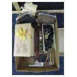 VINTAGE PICTURES, BOXES, BUTTONS & KNIFE SHEATH