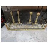 BRASS FIREPLACE FENDER & 2 SETS ANDIRONS