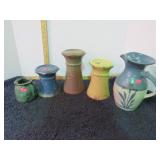 POTTERY PITCHER, JAR & CANDLE STANDS