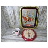 COCA COLA CLOCK, CUP & TRAY
