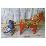 WOODEN HORSE & POTTERY BIRD