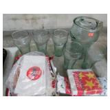 COCA COLA PITCHER, GLASSES, POT HOLDERS, ETC