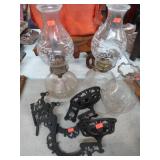 PAIR-- OIL LAMPS & CAST IRON WALL MOUNTS